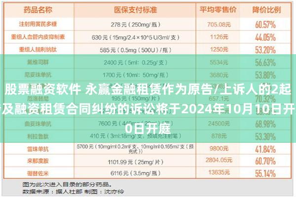 股票融资软件 永赢金融租赁作为原告/上诉人的2起涉及融资租赁合同纠纷的诉讼将于2024年10月10日开庭